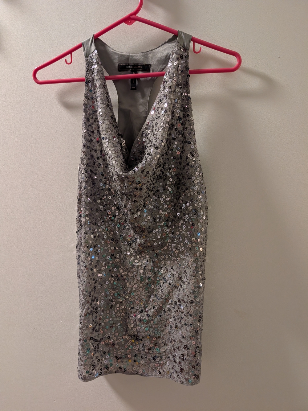 BCBG Maxmara Silver Sequin Cowl Neck Tank XXS